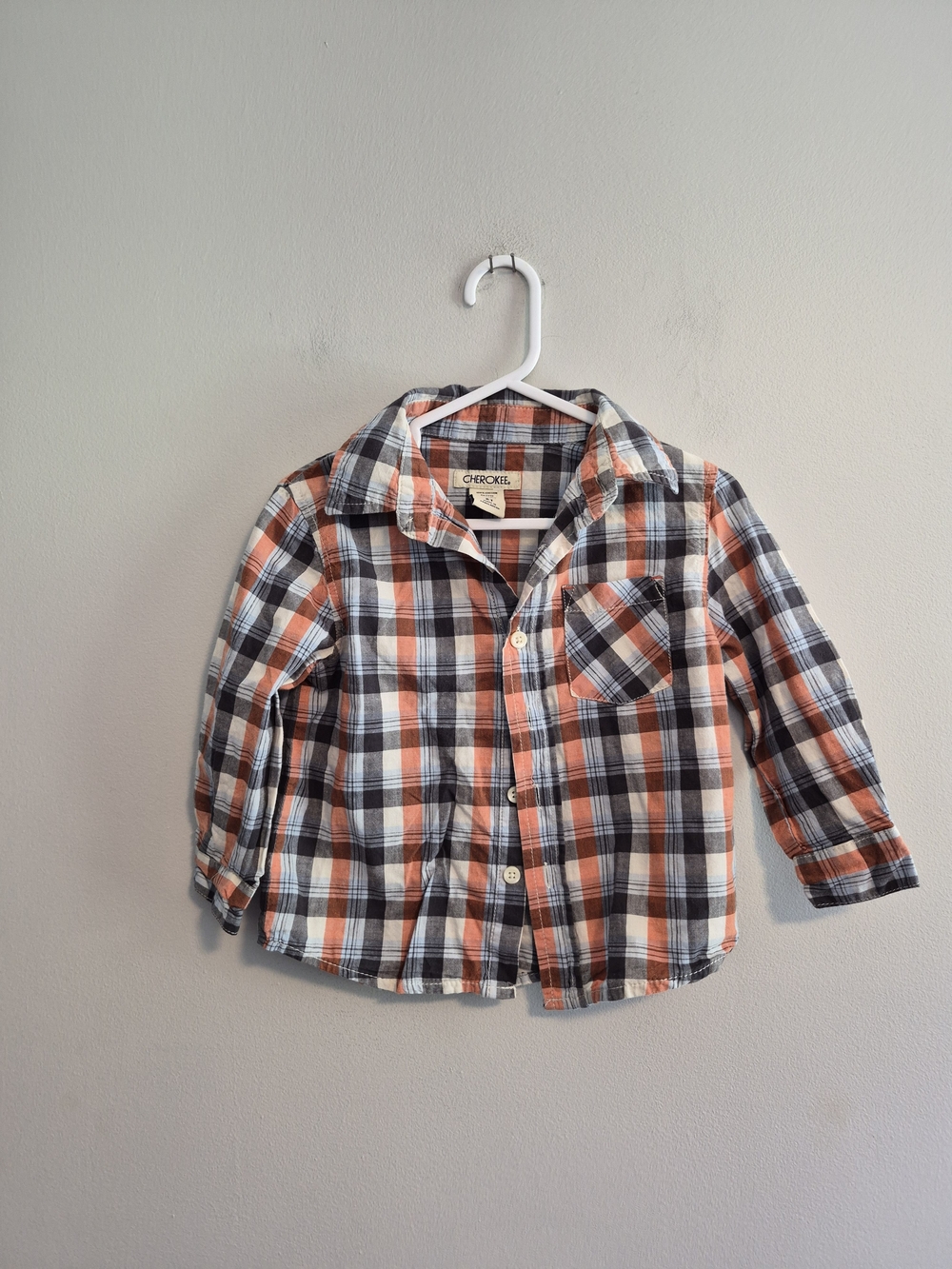 Cherokee 2t Orange, Blue, Grey & White Plaid Button-Down Flannel Shirt